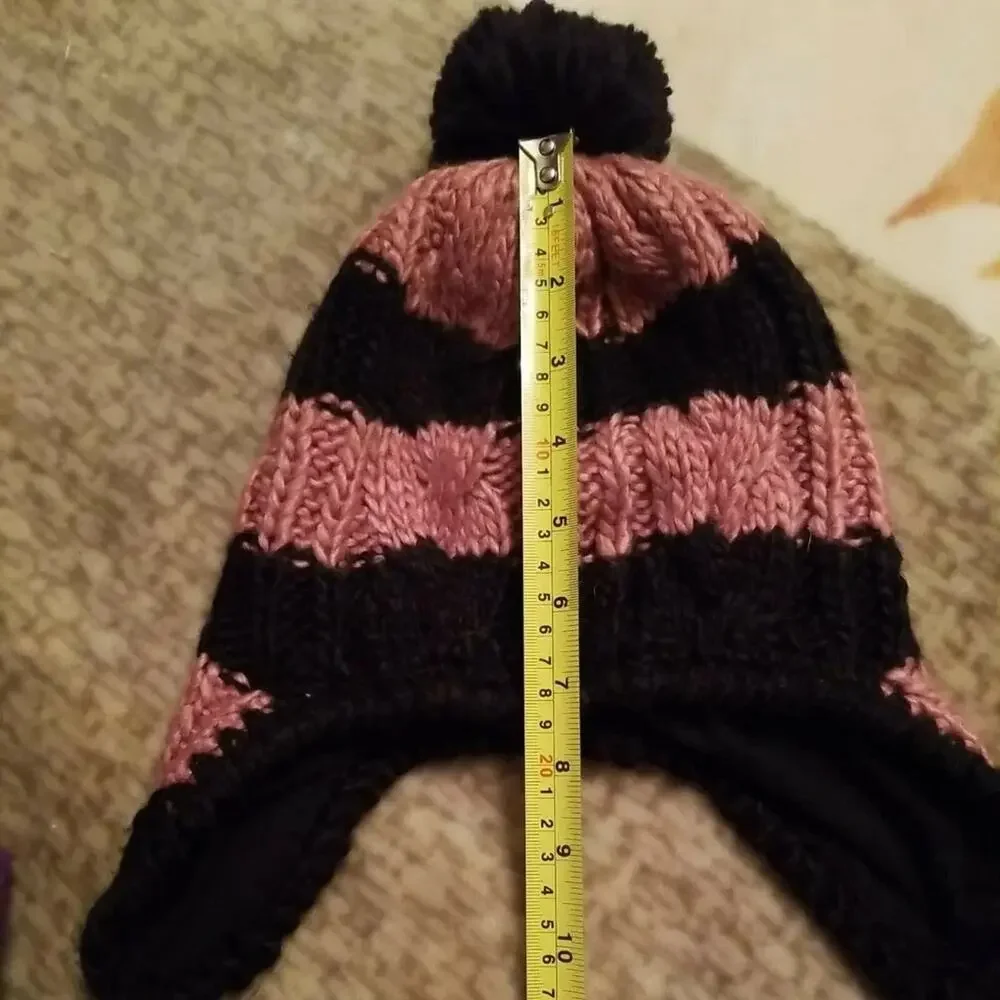 Naf Naf (2) two Women Hats Cable Knit Wool Blend Black Coral Purple One size EUC